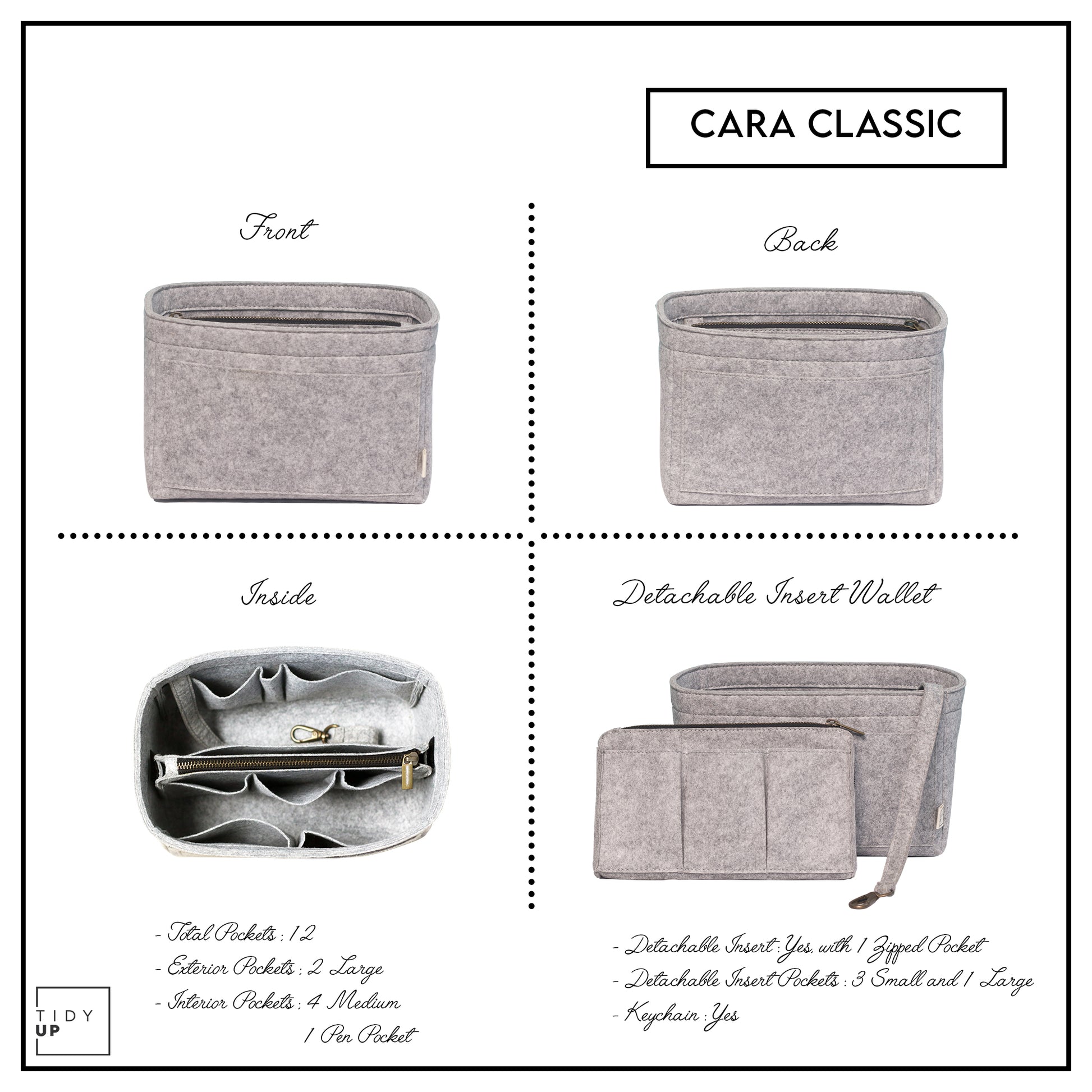 TidyUp Cara Classic Grey Bag Organiser All Sides