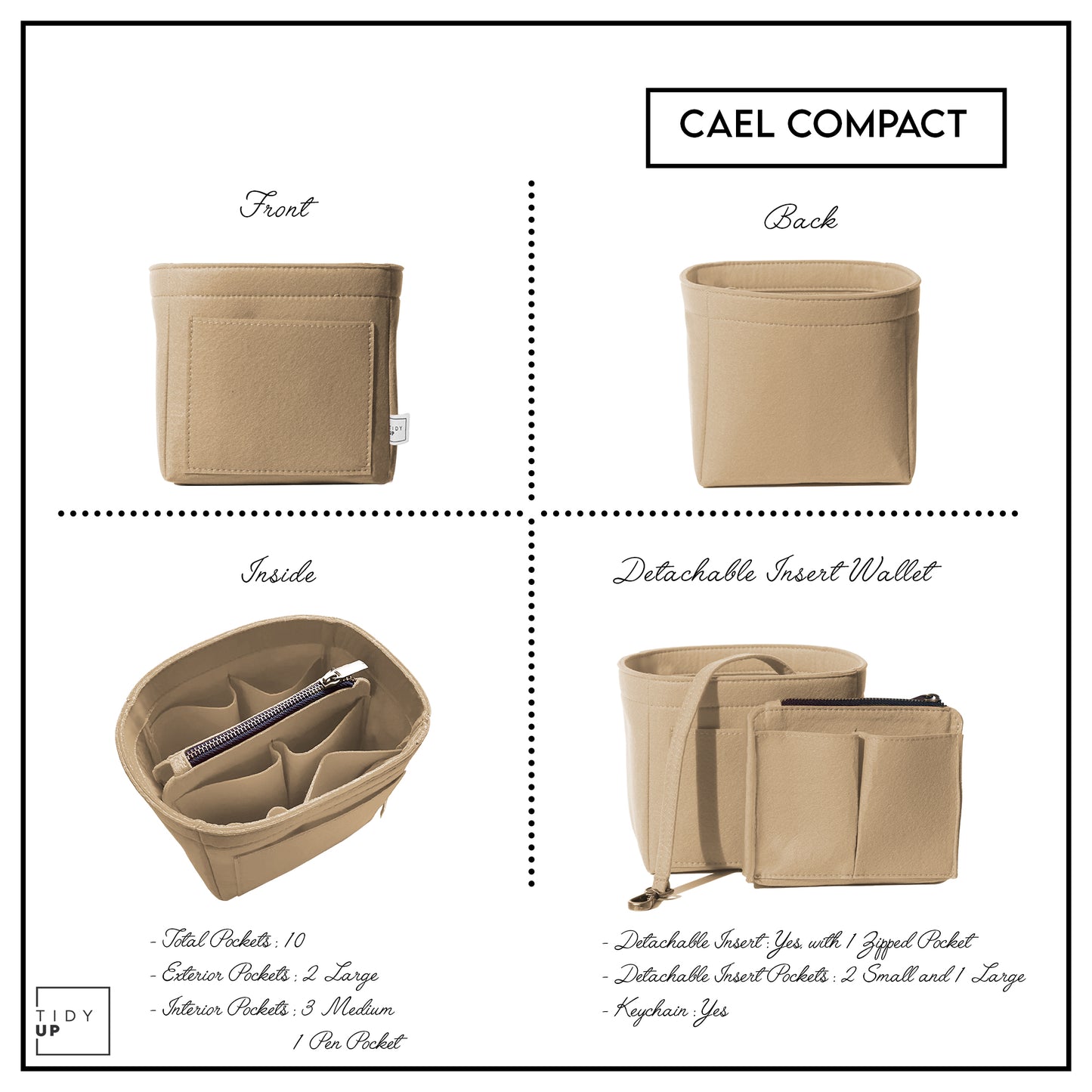 TidyUp Cael Compact Beige Bag Organiser All Sides
