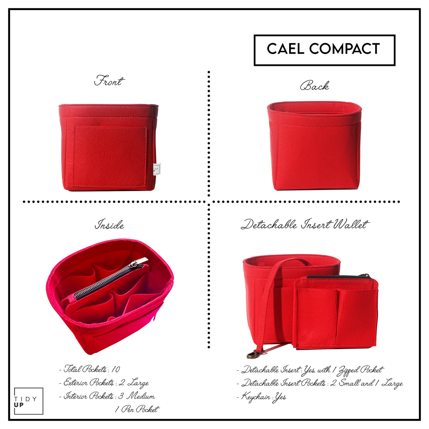TidyUp's Cael Compact Red Bag Organiser All Sides