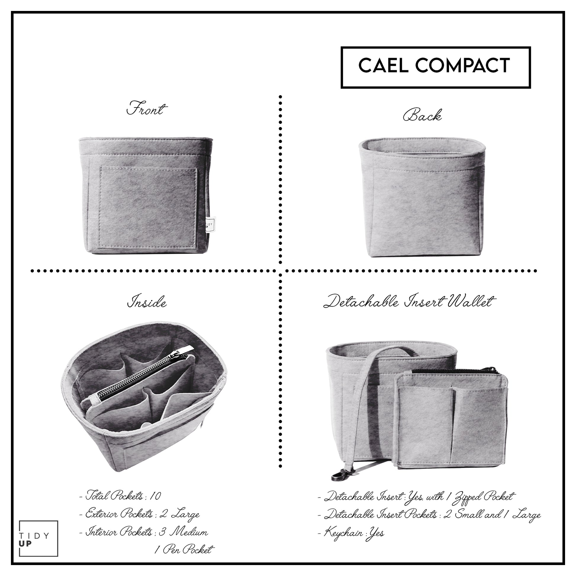 TidyUp Cael Compact Grey Bag Organiser All Sides