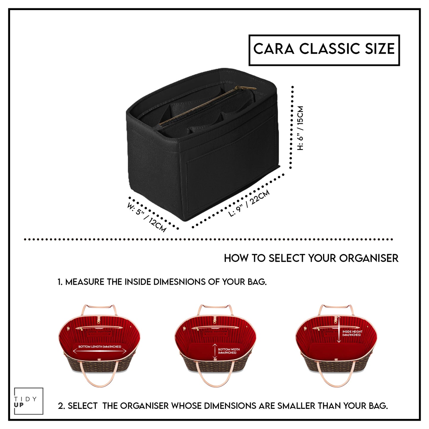 TidyUp Cara Classic Black Bag Organiser Dimensions