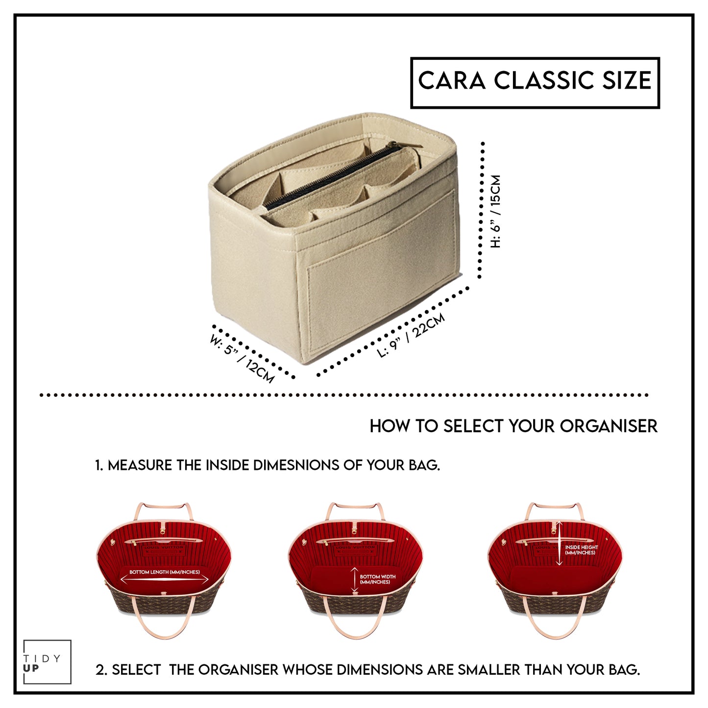 TidyUp Cara Classic Beige Bag Organiser Dimensions