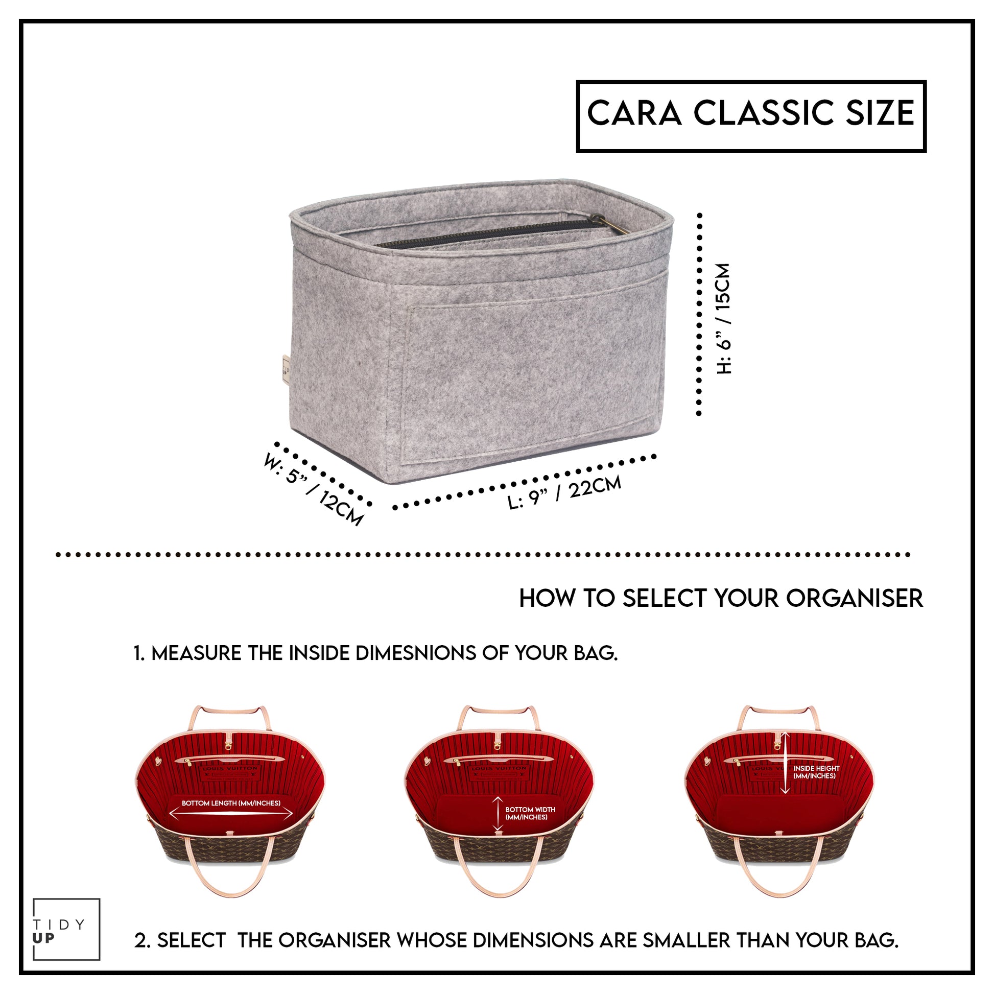 TidyUp Cara Classic Grey Bag Organiser Dimensions