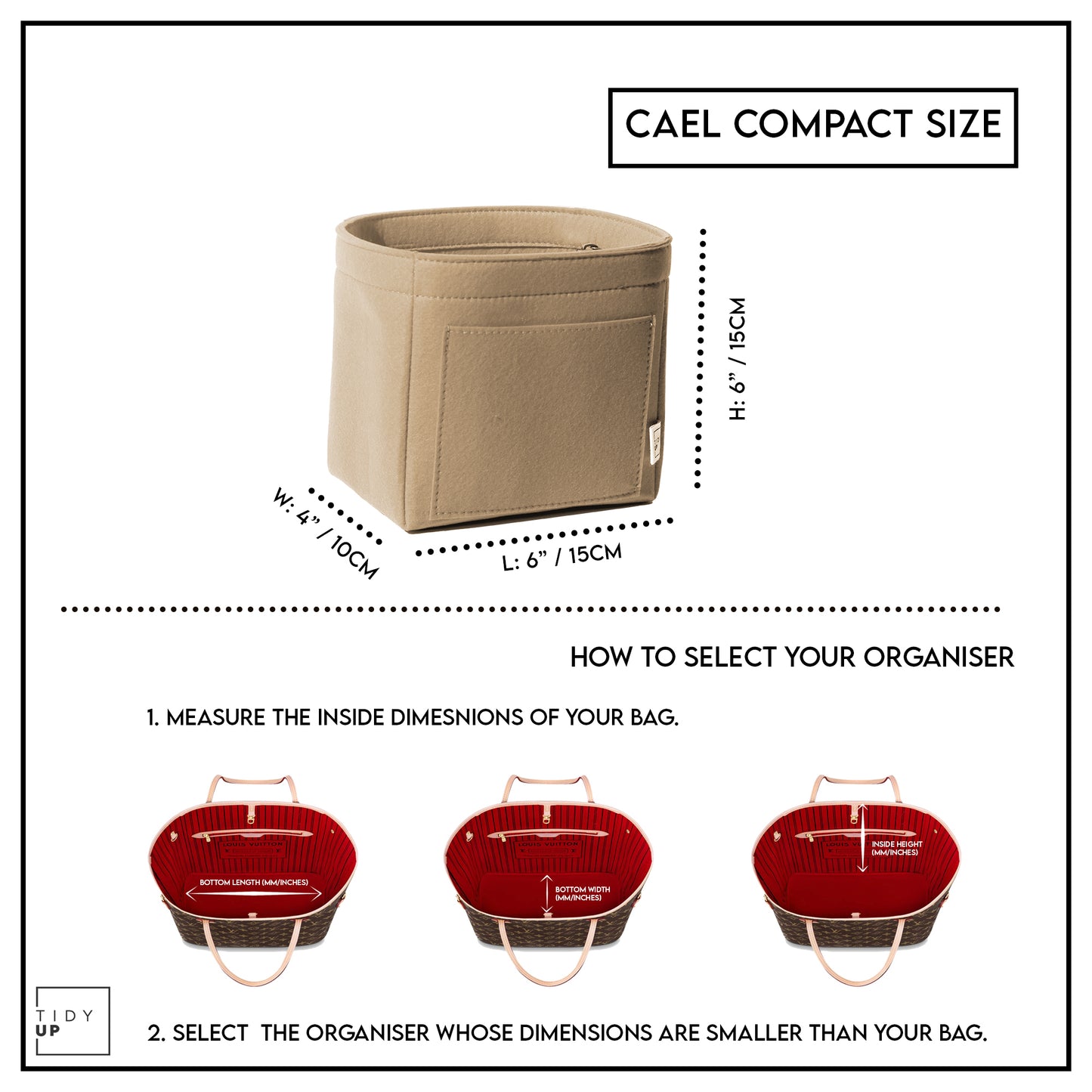 TidyUp Cael Compact Beige Bag Organiser Dimensions