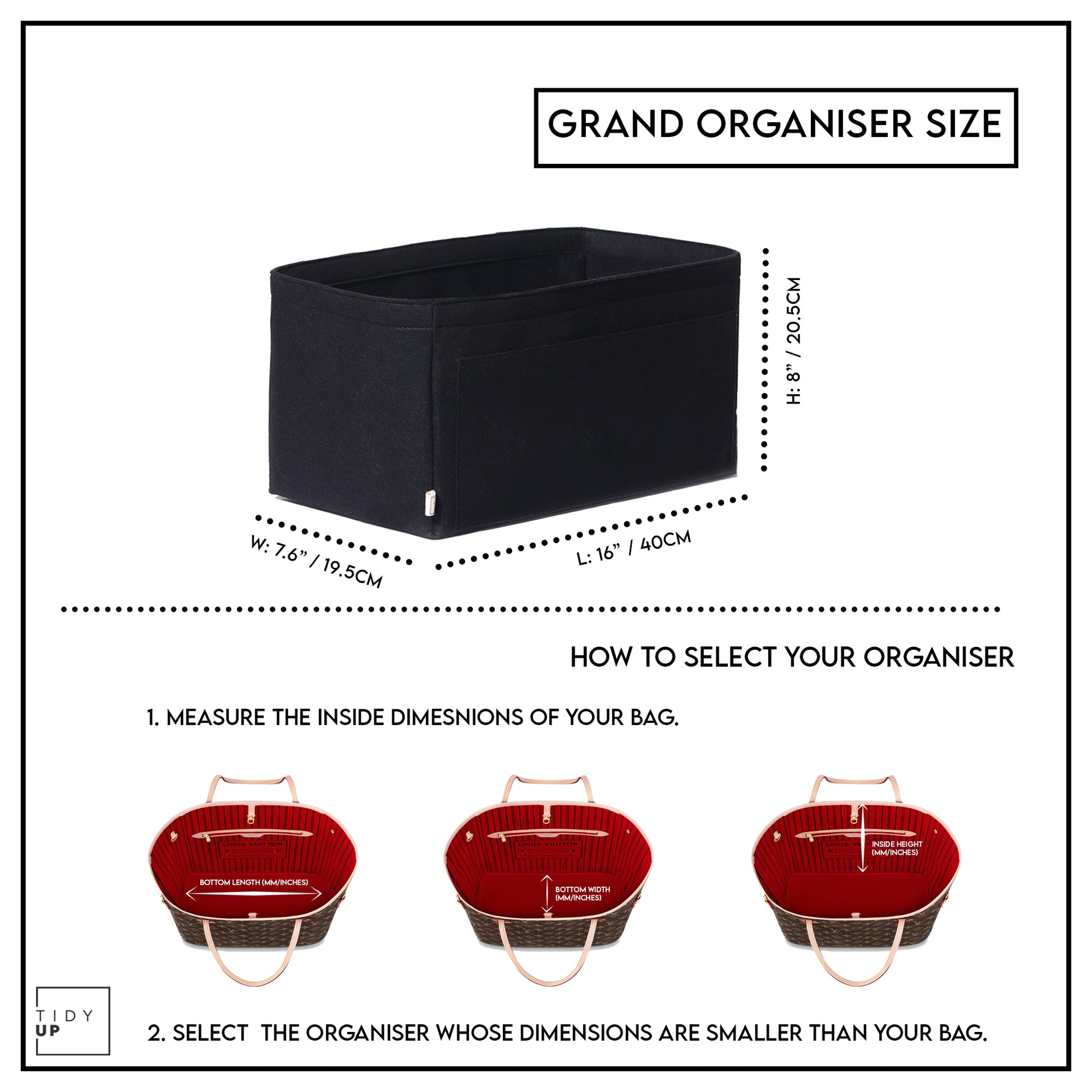TidyUp Grand Bag Organiser Size Chart