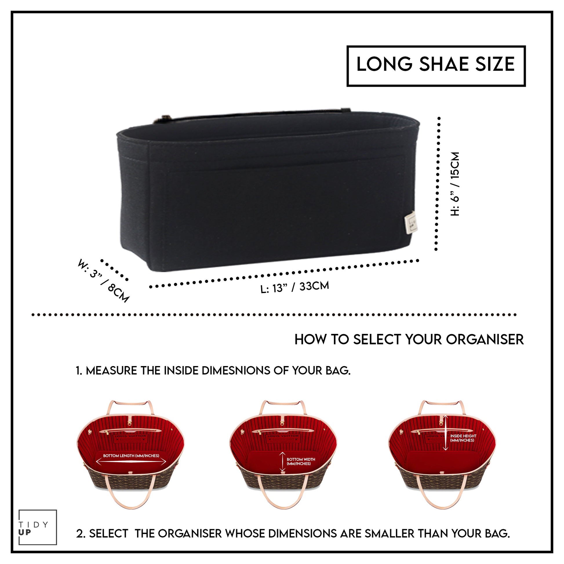 TidyUp Long Shae Bag Organiser Size Chart